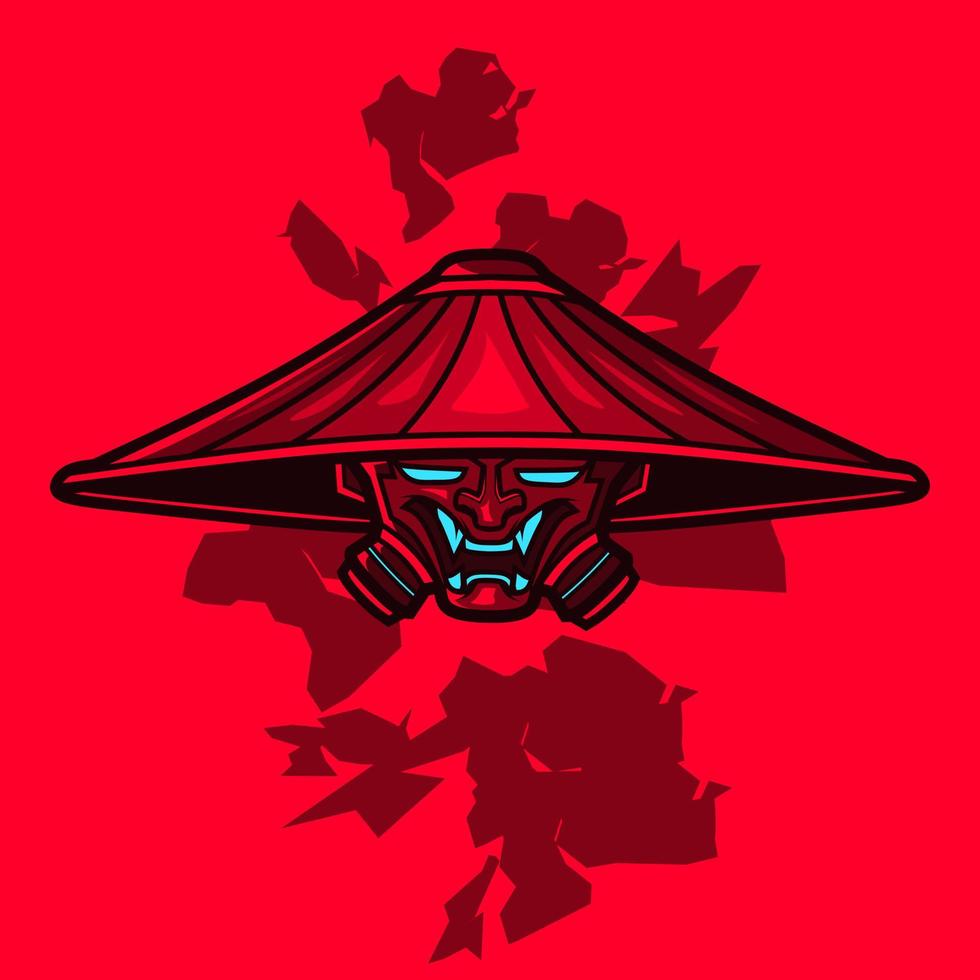 tête de samouraï cyberpunk logo vecteur fiction design coloré illustration avec fond rouge.