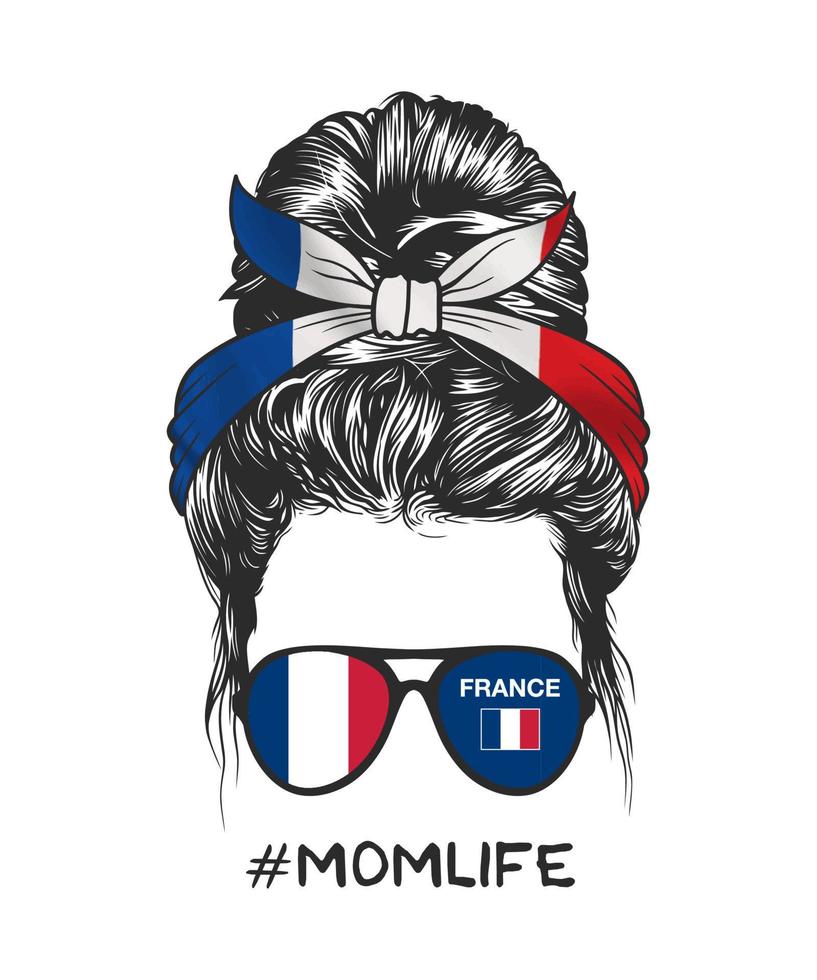 coiffure chignon désordonné avec bandeau drapeau français et lunettes, illustration vectorielle vecteur