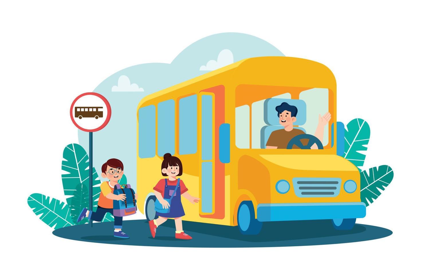 les élèves vont à l'école par le concept d'illustration d'autobus scolaire sur fond blanc vecteur