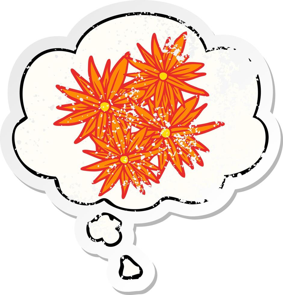 dessin animé fleurs lumineuses et bulle de pensée comme un autocollant usé en détresse vecteur
