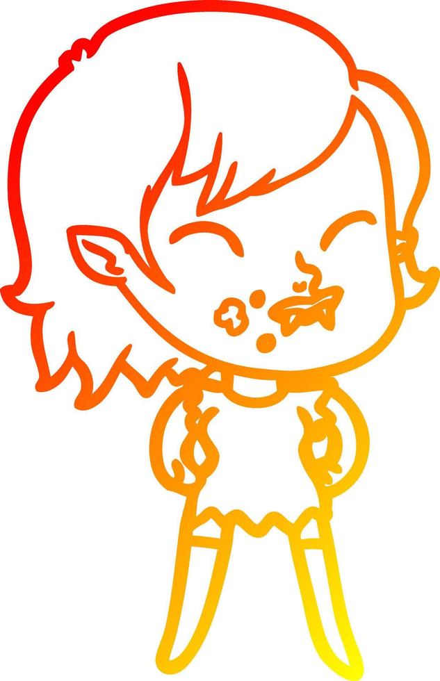 ligne de gradient chaud dessinant une fille de vampire de dessin animé avec du sang sur la joue vecteur