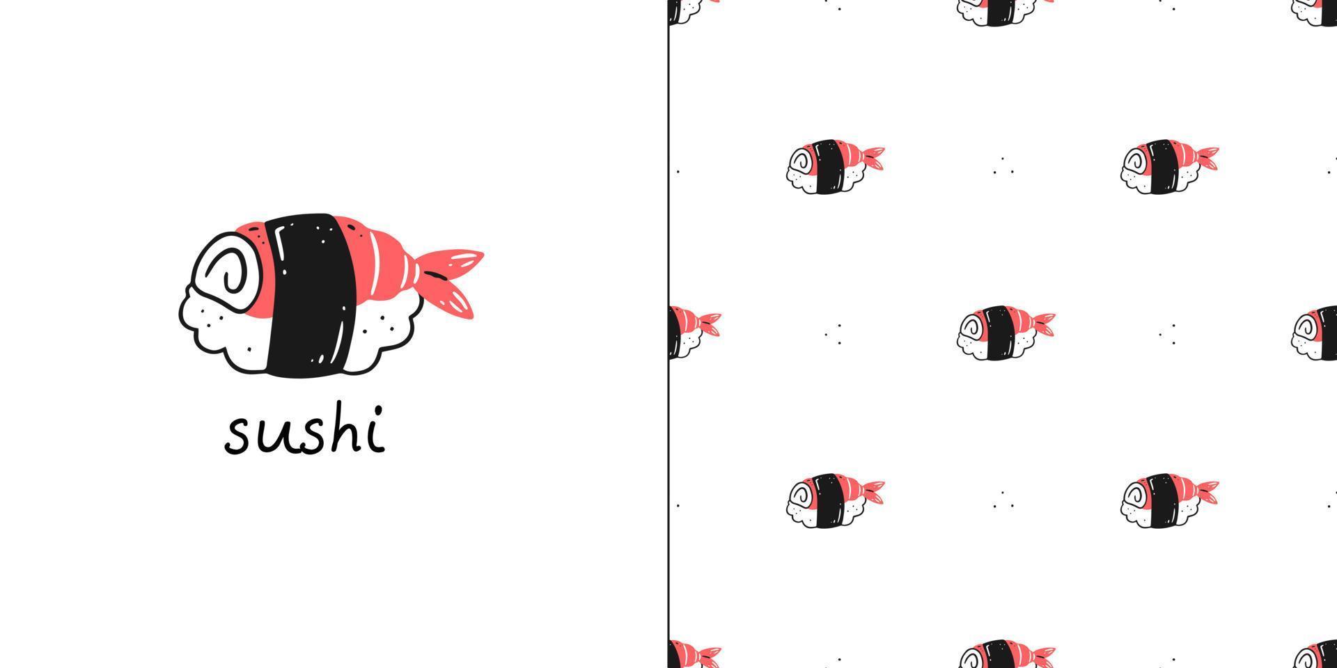 modèle sans couture avec des rouleaux de sushi aux crevettes et une carte postale avec du texte de sushi. illustration vectorielle de la cuisine asiatique. vecteur