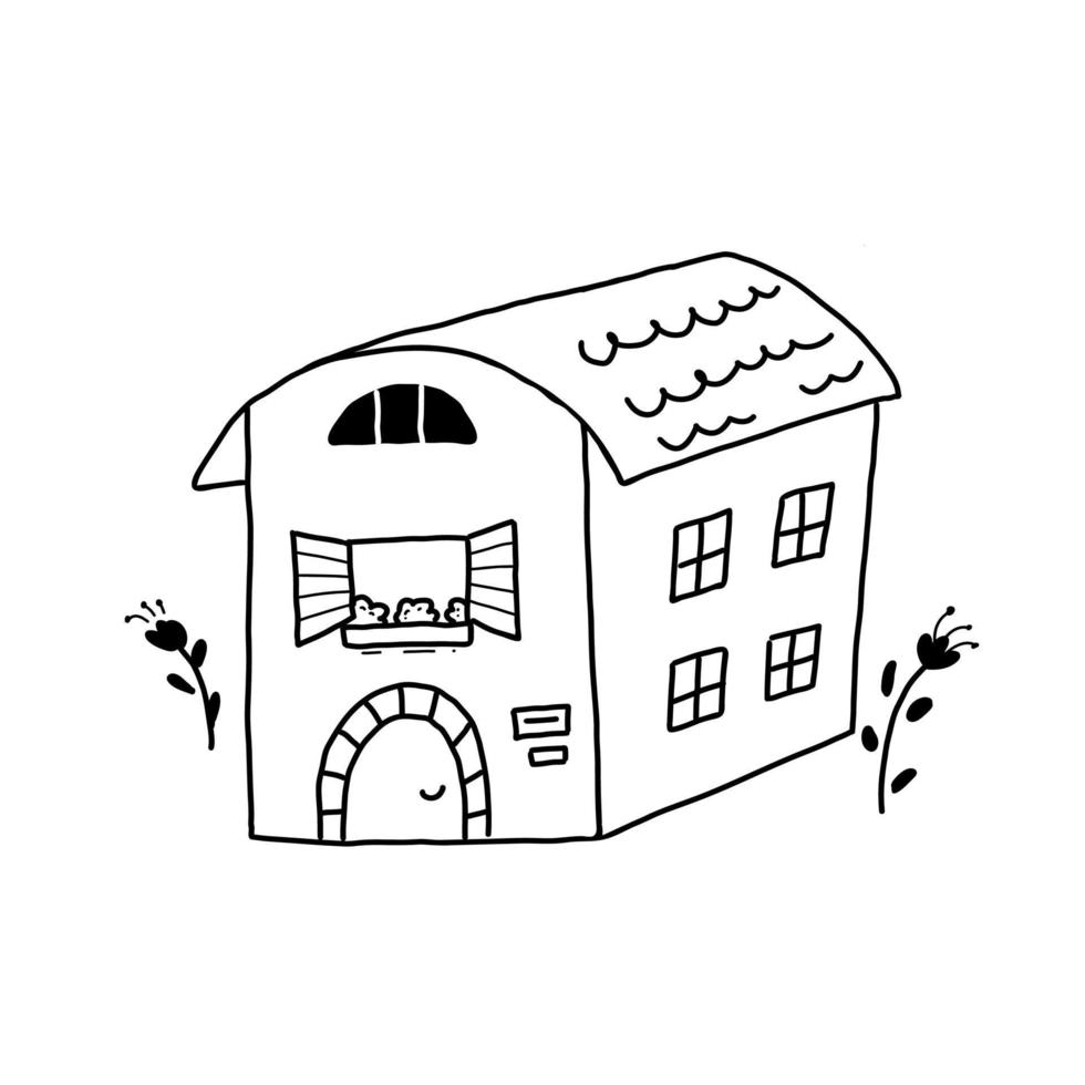 maison d'habitation avec grenier aménageable, volets ouverts et fleuris. illustration vectorielle dans le style de griffonnages simples. vecteur