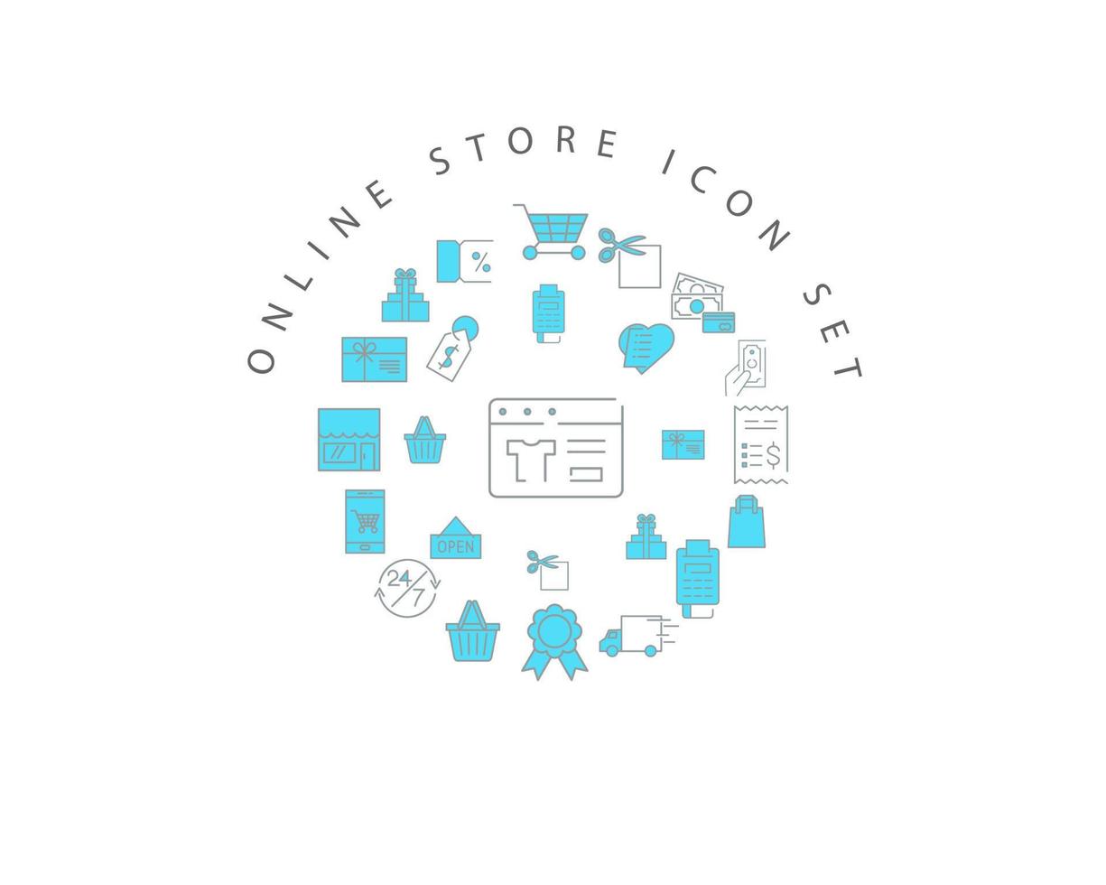 conception de jeu d'icônes de boutique en ligne sur fond blanc. vecteur