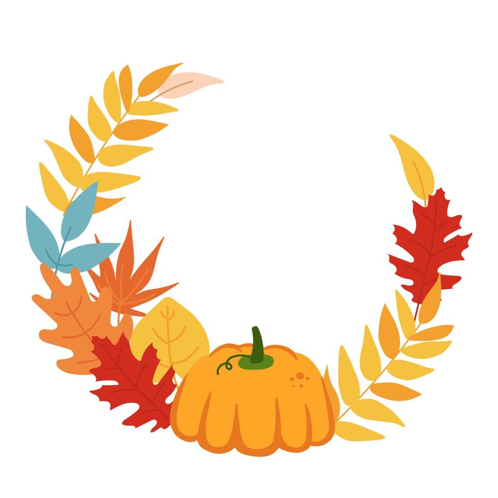 cadre rond de feuilles d'automne et citrouille, isolé sur fond blanc. style plat de dessin animé simple. fond d'illustration vectorielle. conception d'autocollants, logo. conception d'automne pour le jour de thanksgiving vecteur