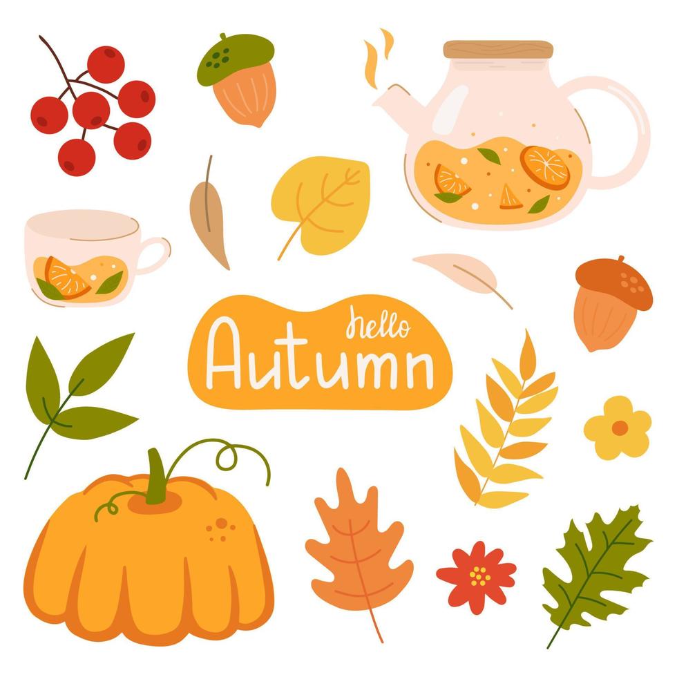 grand ensemble d'automne de feuilles, glands et rowan, théière, tasse à thé, citrouille. style plat de dessin animé simple. clipart d'illustration vectorielle. conception d'autocollants, logo. éléments de conception d'automne. inscription bonjour automne vecteur