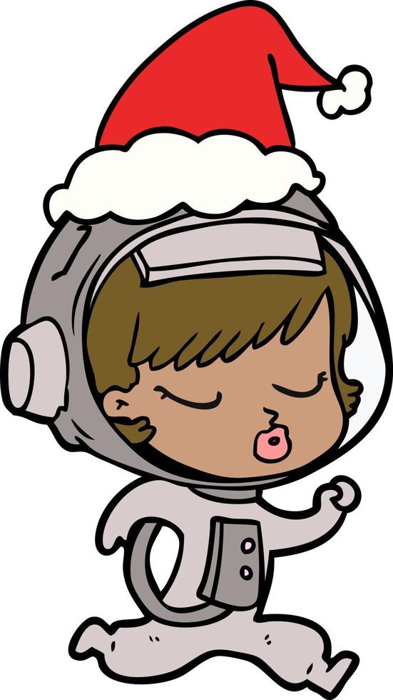 dessin au trait d'une jolie fille astronaute courant portant un bonnet de noel vecteur