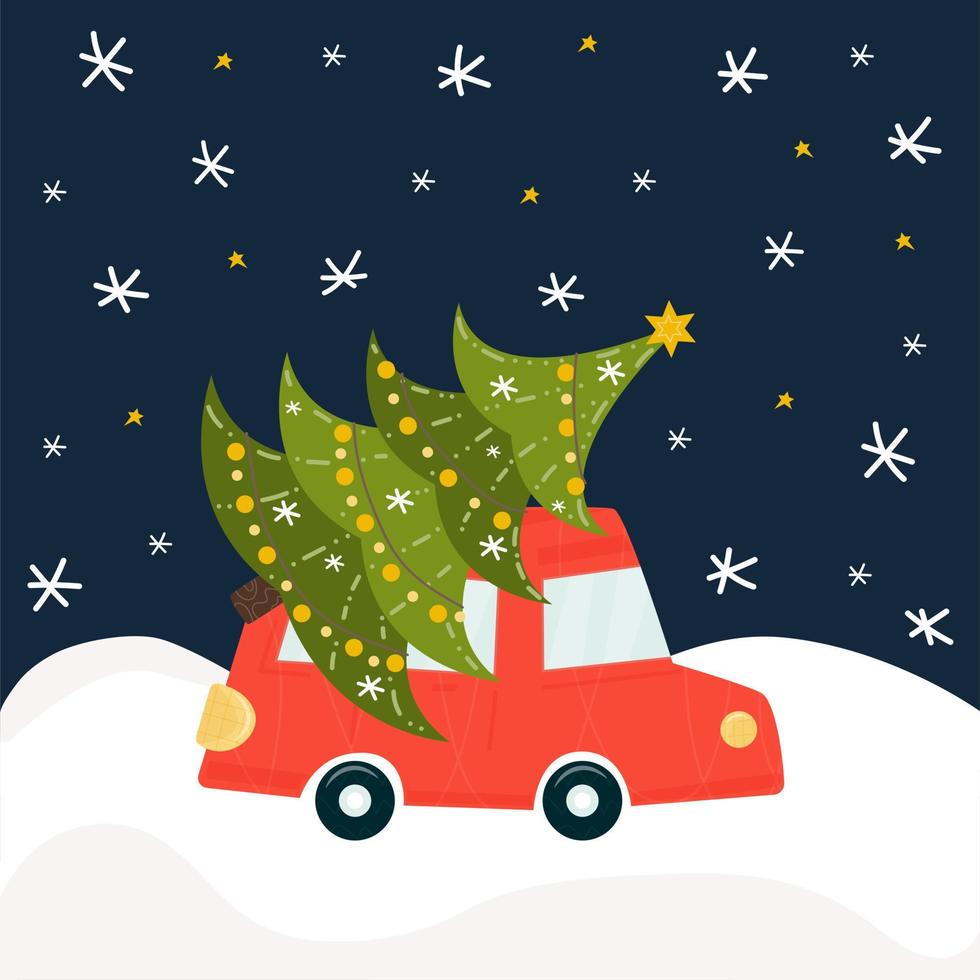 sapin de noël en voiture. belle impression naïve. heure sombre de la journée, chutes de neige. vacances du nouvel an. design tendance pour impression, carte postale, affiche. illustrations vectorielles, dessin animé vecteur