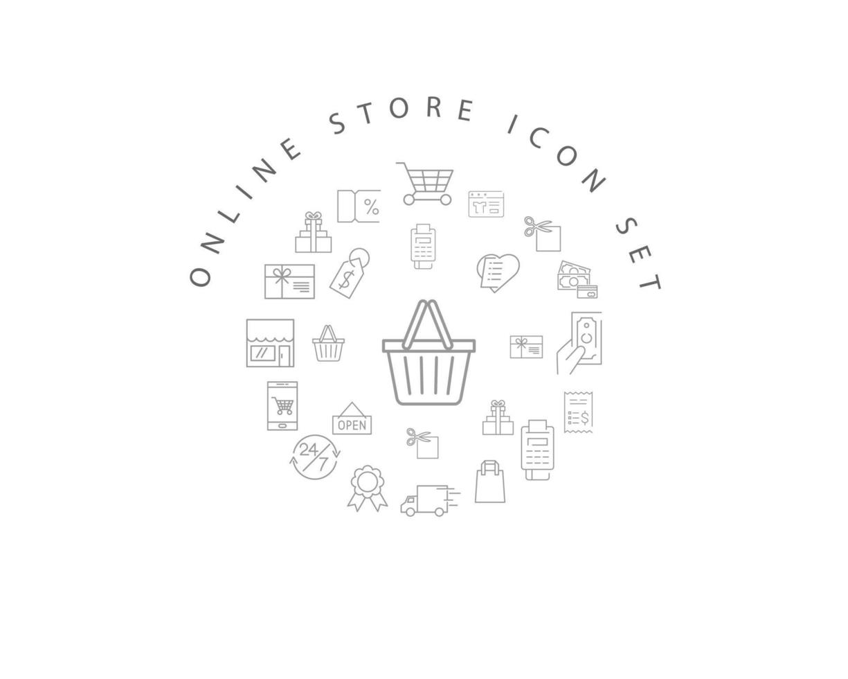 conception de jeu d'icônes de boutique en ligne sur fond blanc. vecteur