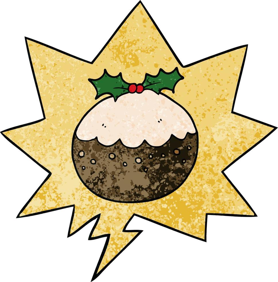 pudding de noël de dessin animé et bulle de dialogue dans un style de texture rétro vecteur