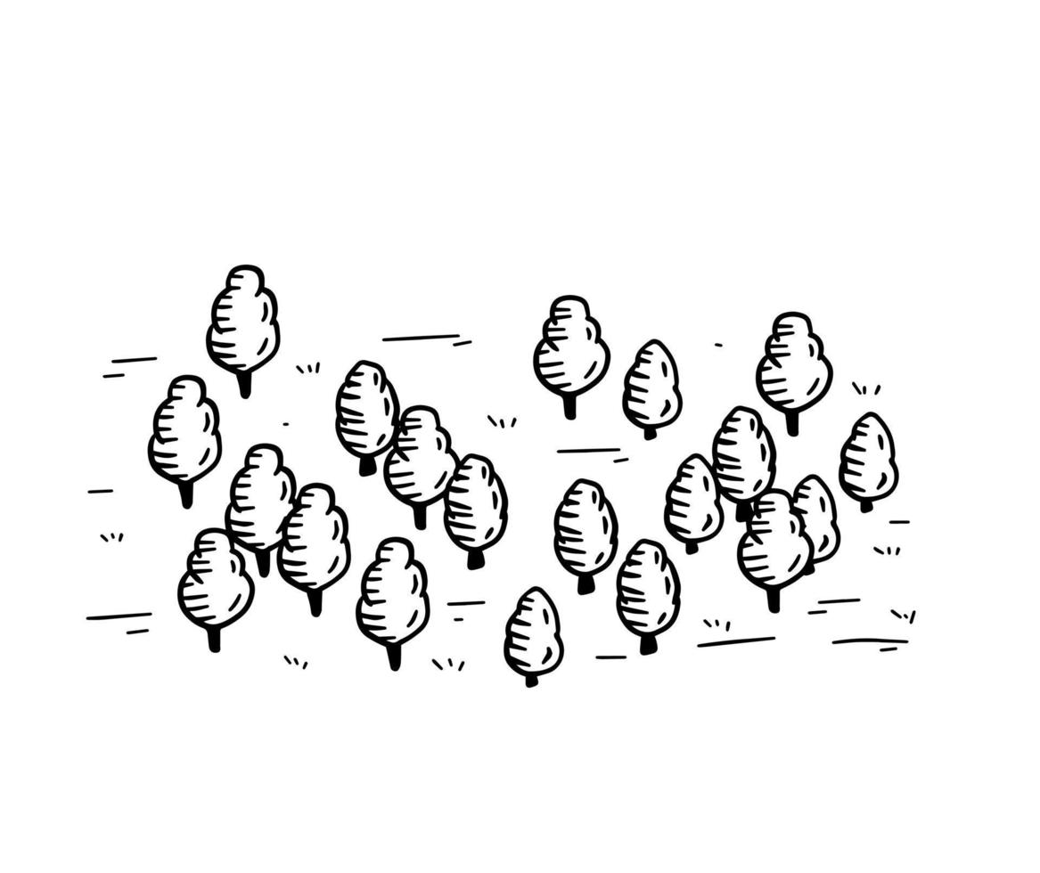 forêt de croquis pour la carte. arbres dessinés à la main. zone de parc. Paysage naturel. dessin animé contour doodle vecteur