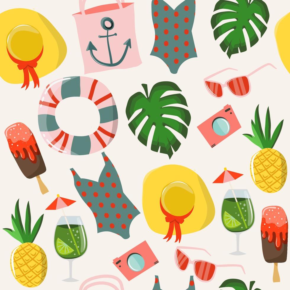 modèle sans couture avec des éléments d'été - crème glacée, lunettes de soleil, feuilles tropicales, maillot de bain, ananas, cocktail, chapeau, sac à main, tongs, serviette. illustration vectorielle colorée dessinée à la main. vecteur