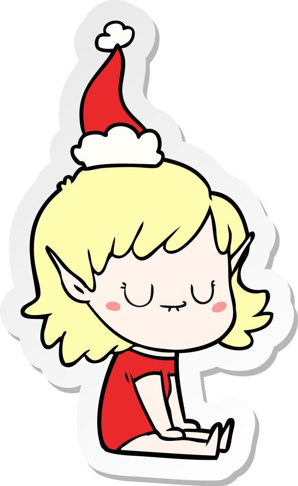 dessin animé autocollant heureux d'une fille elfe portant un bonnet de noel vecteur