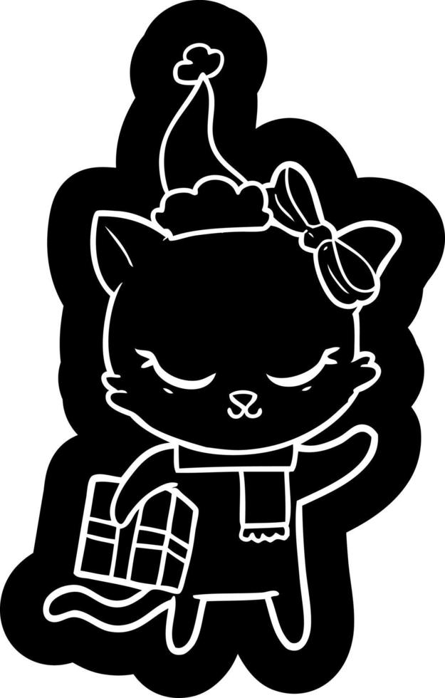 icône de dessin animé mignon d'un chat avec un cadeau portant un bonnet de noel vecteur