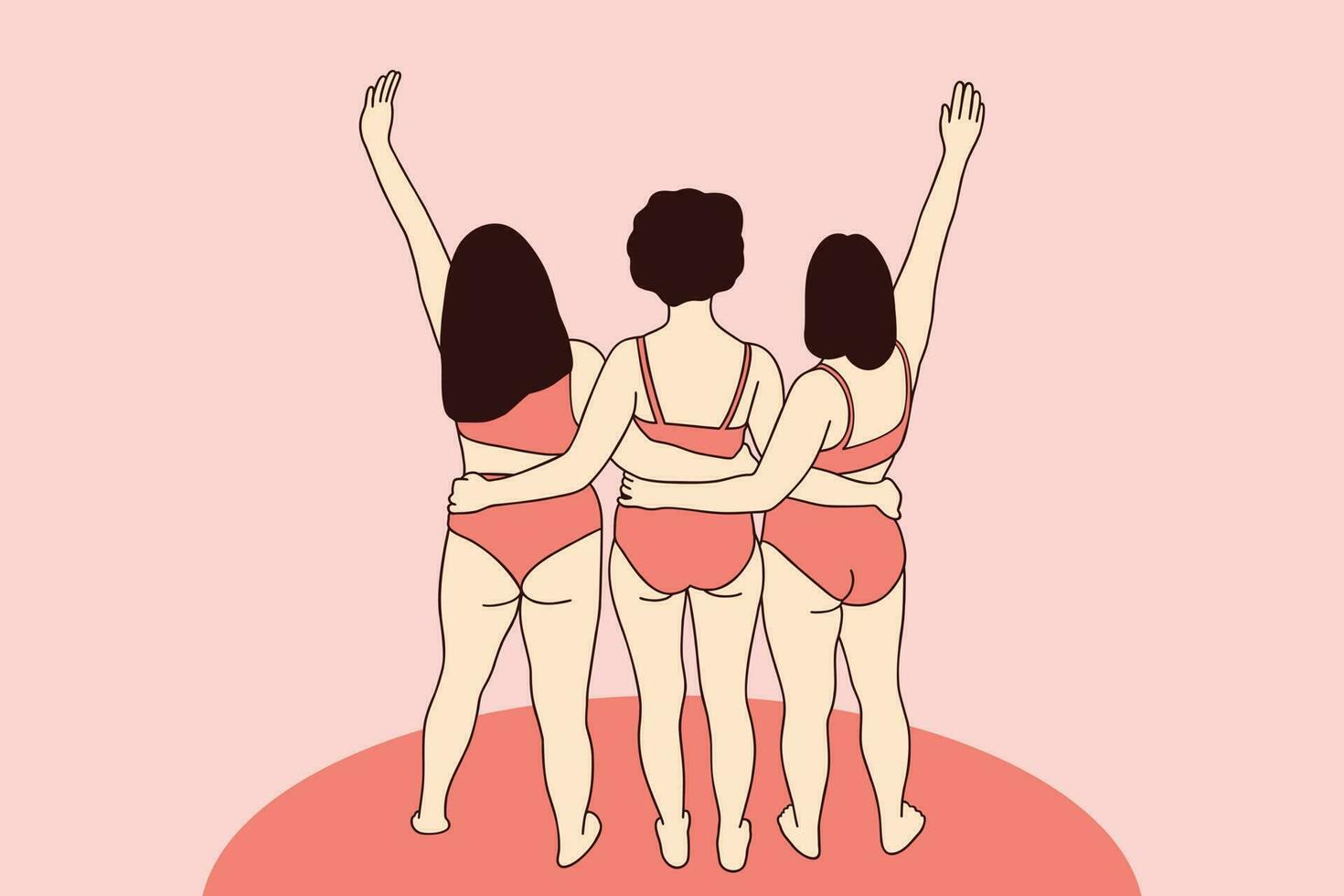 groupe d'illustrations de filles heureuses de taille plus portant des maillots de bain vecteur