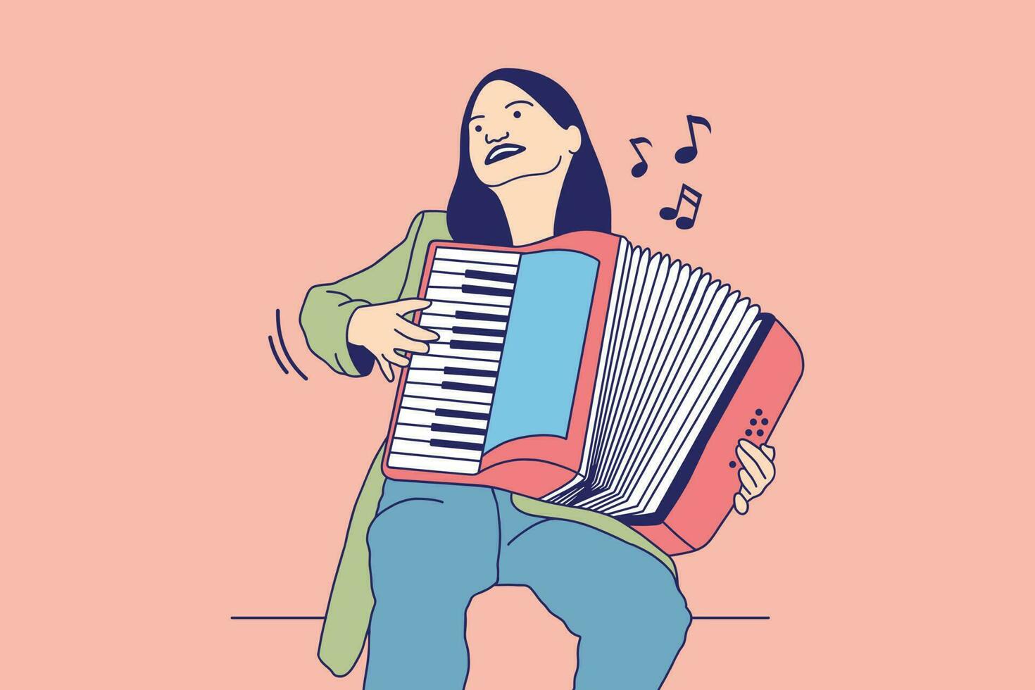 illustrations de la belle jeune femme chante et joue de l'accordéon vecteur