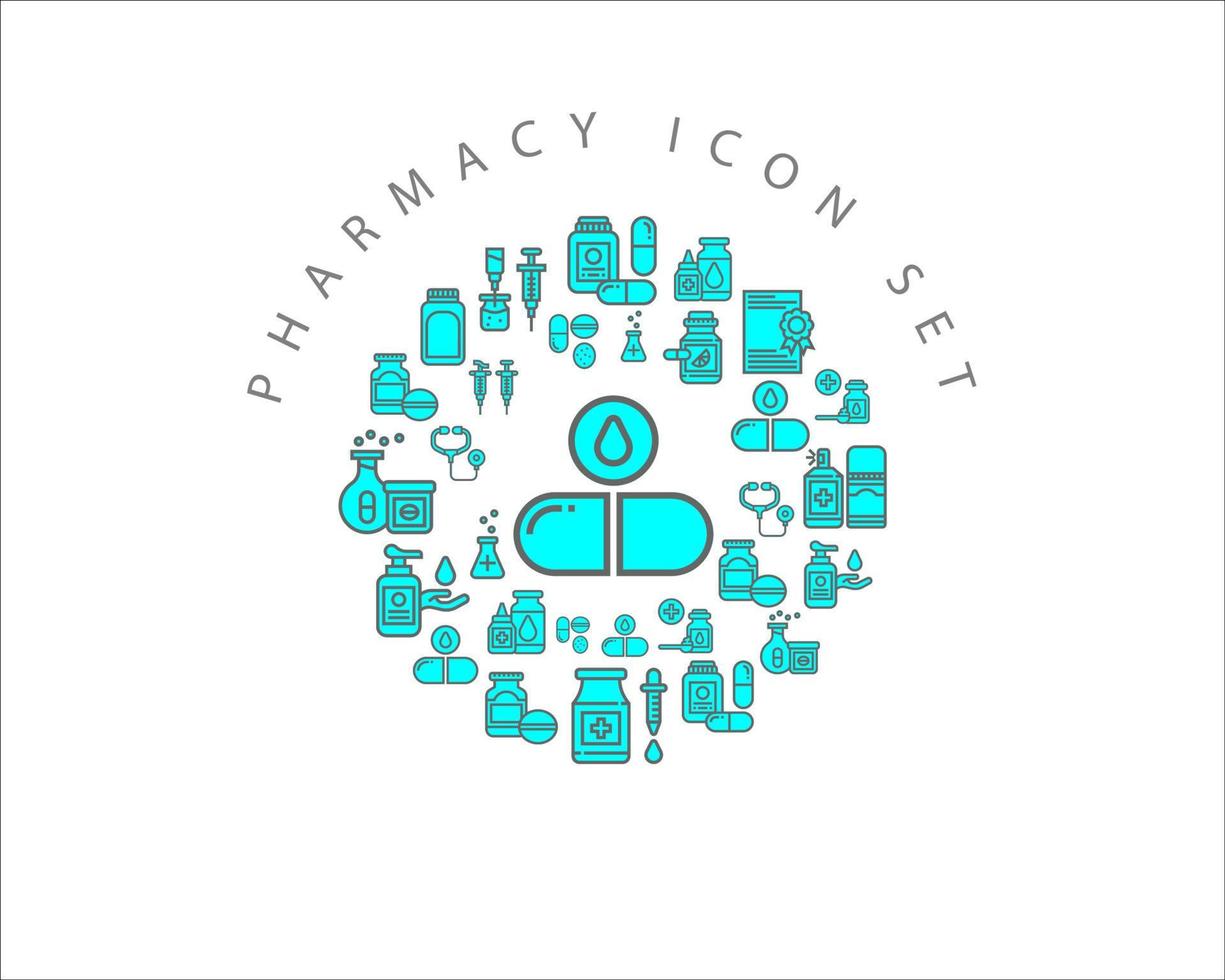 conception de jeu d'icônes de pharmacie sur fond blanc. vecteur