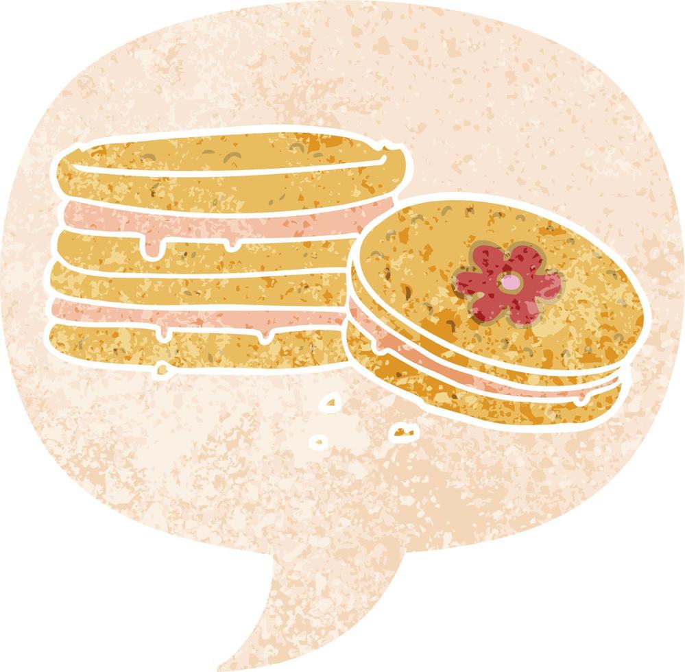 biscuit de dessin animé et bulle de dialogue dans un style texturé rétro vecteur