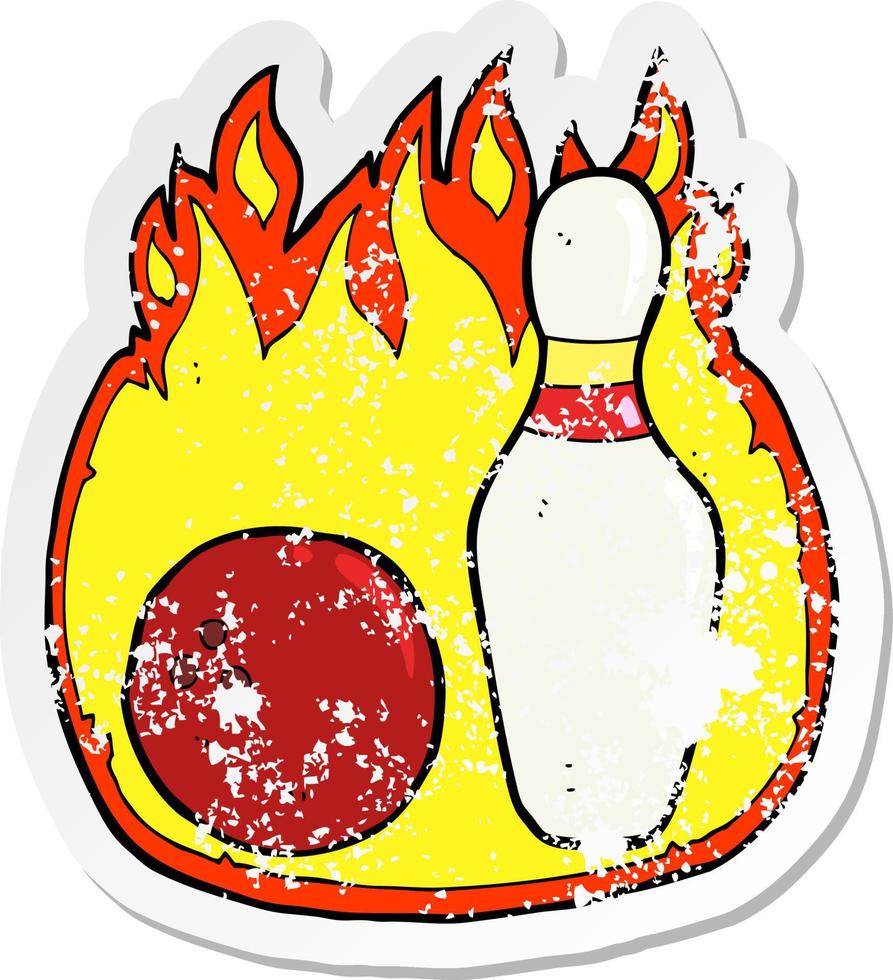 autocollant rétro en détresse d'un symbole de dessin animé de bowling à dix broches avec le feu vecteur