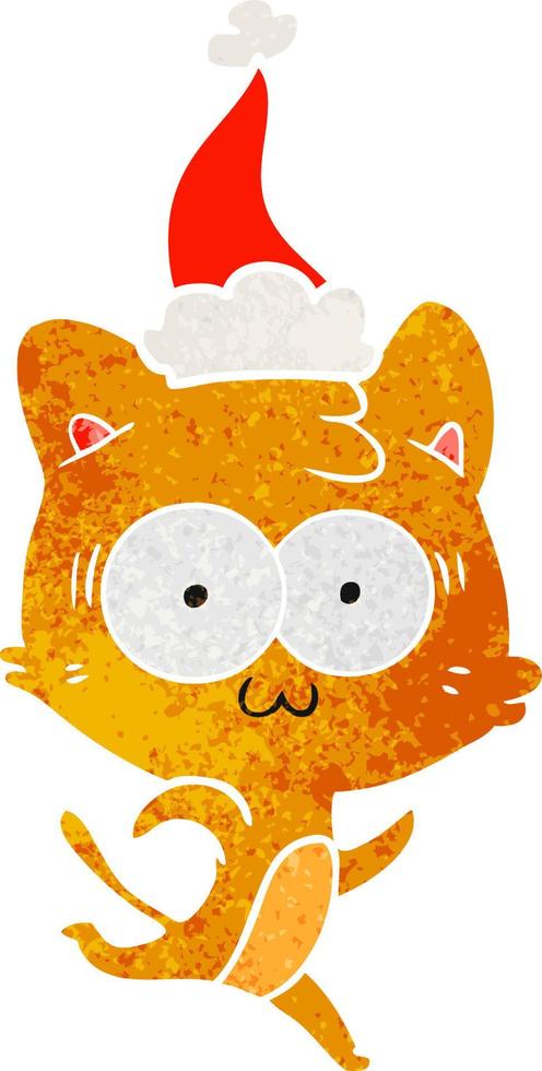 dessin animé rétro d'un chat surpris en cours d'exécution portant un bonnet de noel vecteur