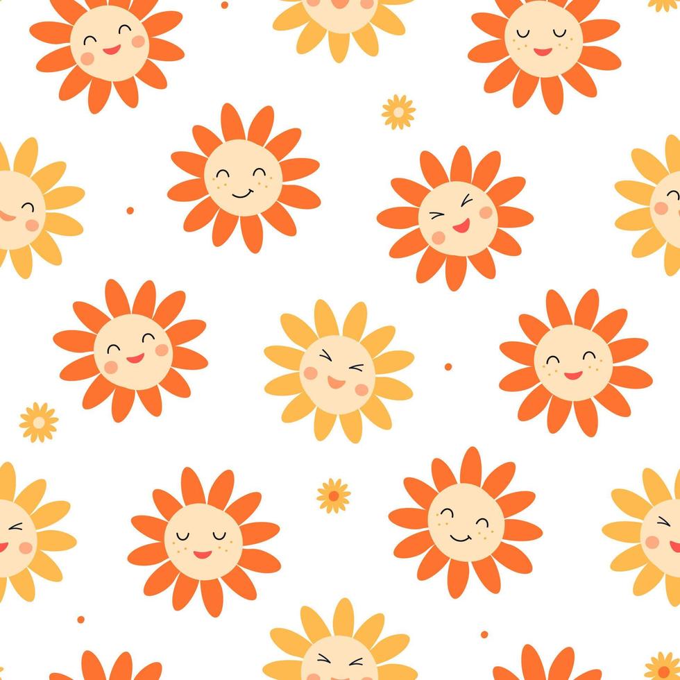 modèle sans couture avec des tournesols. impression joyeuse d'été avec des visages souriants de fleurs. graphiques vectoriels. vecteur