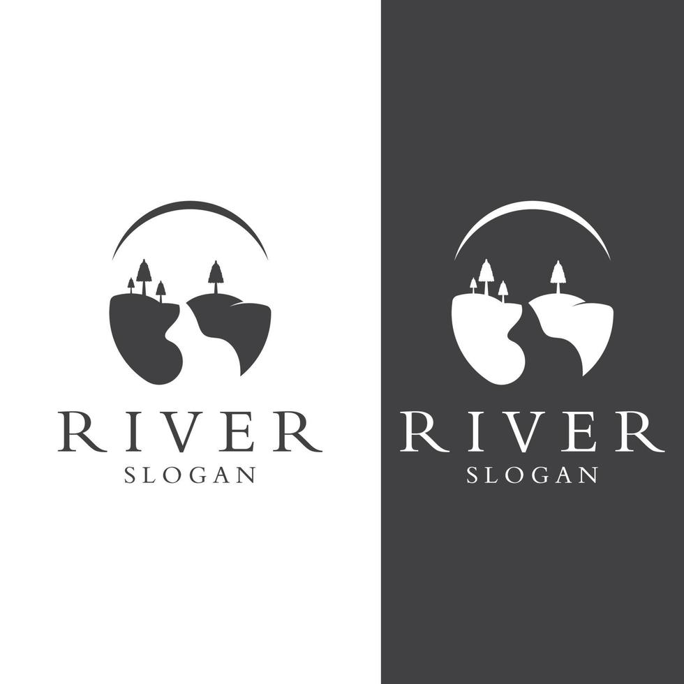 logos de rivières, ruisseaux, berges et ruisseaux. logo de rivière avec combinaison de montagnes et de terres agricoles avec modèle d'illustration vectorielle de conception de concept. vecteur