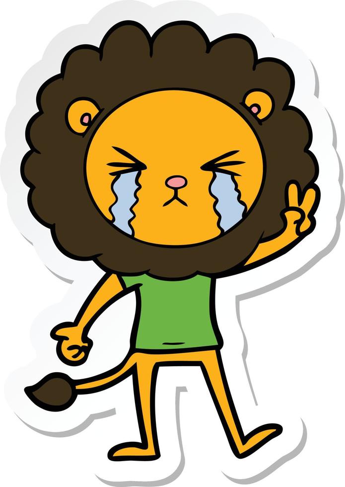 autocollant d'un dessin animé lion qui pleure donnant le signe de la paix vecteur