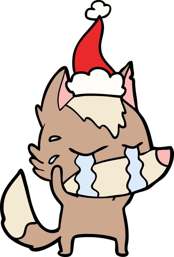 dessin au trait d'un loup qui pleure portant un bonnet de noel vecteur