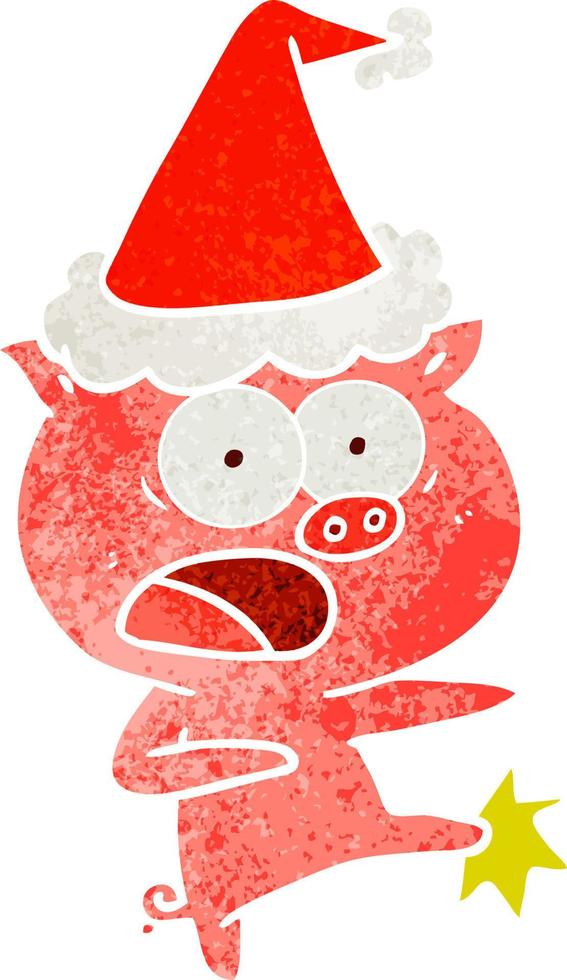 dessin animé rétro d'un cochon criant et donnant des coups de pied portant un bonnet de noel vecteur