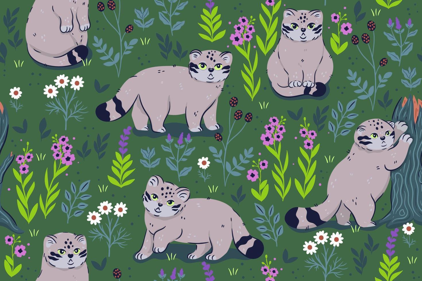 modèle sans couture avec des chats et des fleurs manul mignons. graphiques vectoriels. vecteur