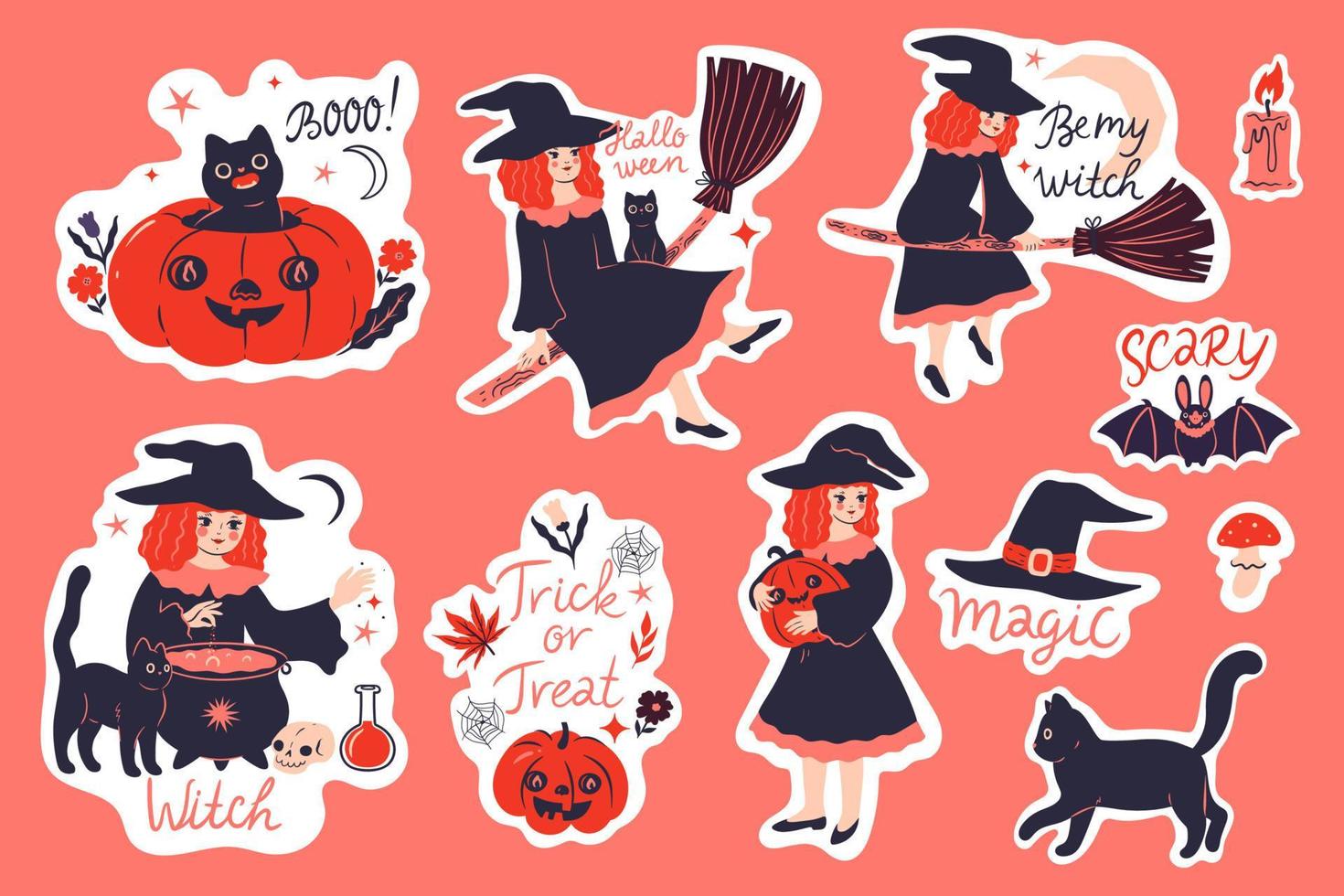 ensemble d'autocollants d'halloween avec des sorcières, des chats, des citrouilles, des inscriptions. graphiques vectoriels. vecteur