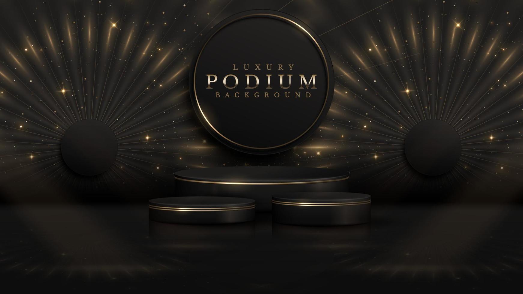 fond de luxe noir avec podium d'affichage de produit et éléments de ligne de cercle doré et décorations de rayons lumineux et effet d'étoiles et feux d'artifice. vecteur