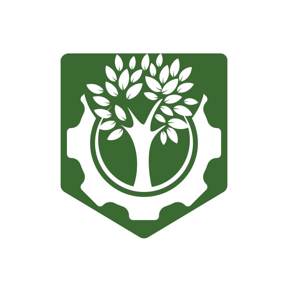 modèle de conception de logo vectoriel d'arbre à engrenages. logo de la technologie de la nature moderne. concept de logo vert eco tech et industrie.