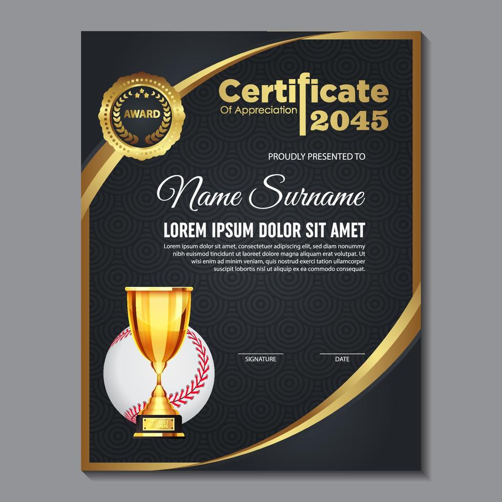 conception de certificat de baseball avec vecteur de jeu de coupe d'or. base-ball. modèle de récompense sportive