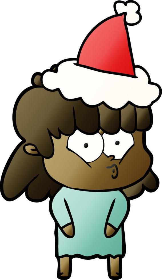 dessin animé dégradé d'une fille sifflante portant un bonnet de noel vecteur