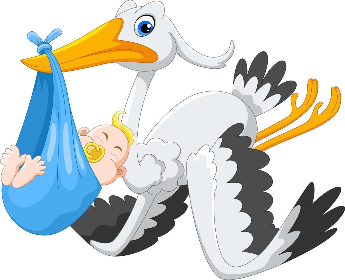 dessin animé mignon cigogne portant bébé vecteur