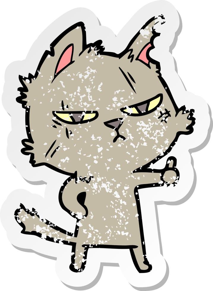 autocollant en détresse d'un chat de dessin animé dur donnant le symbole du pouce levé vecteur