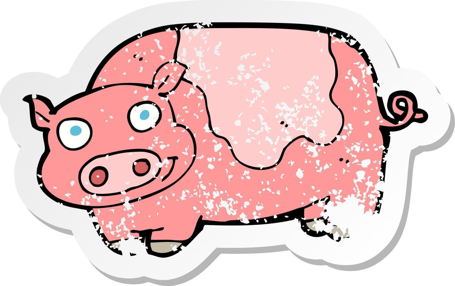 autocollant rétro en détresse d'un cochon de dessin animé vecteur