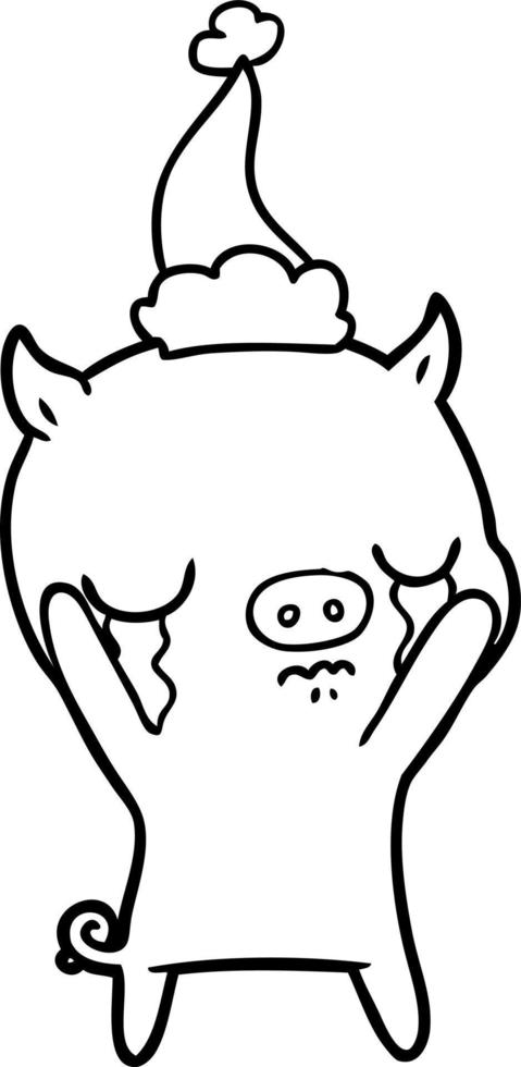 dessin au trait d'un cochon qui pleure portant un bonnet de noel vecteur