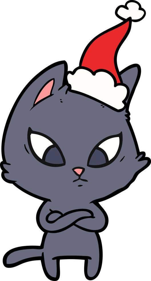 dessin au trait confus d'un chat portant un bonnet de noel vecteur