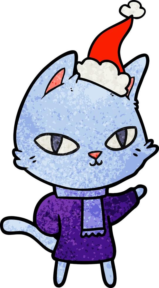 dessin animé texturé d'un chat regardant fixement portant un bonnet de noel vecteur