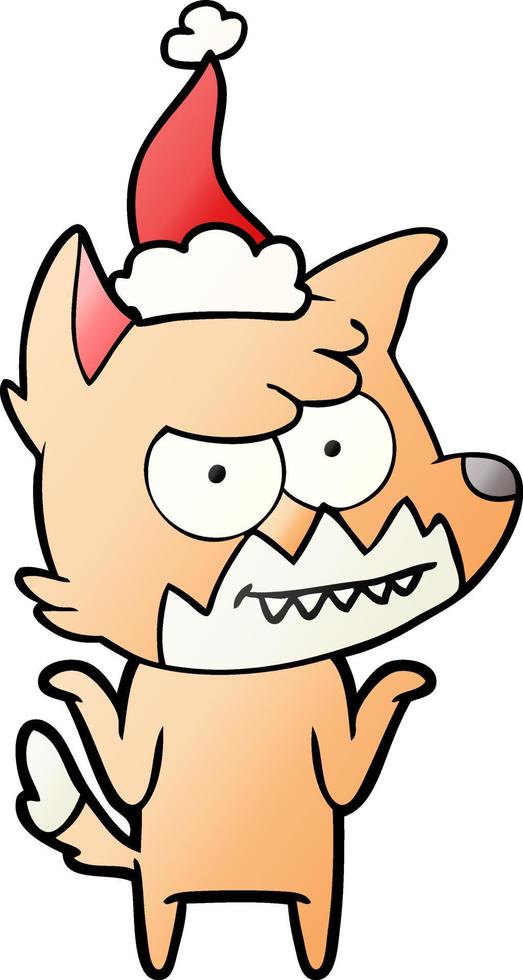 dessin animé dégradé d'un renard souriant portant un bonnet de noel vecteur