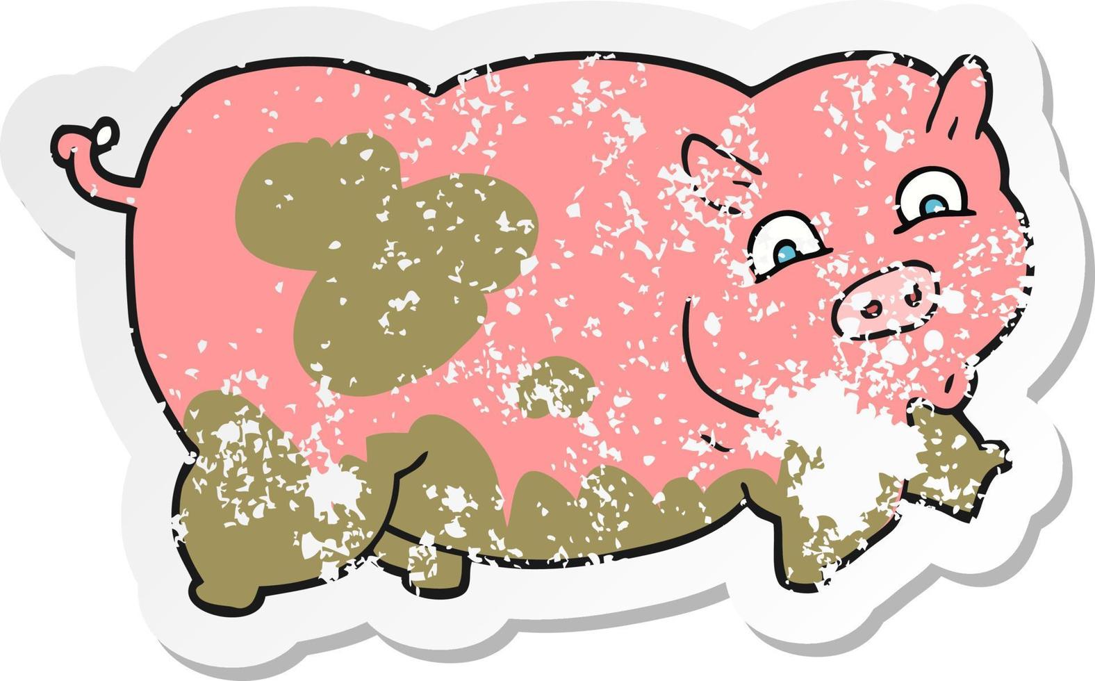 autocollant rétro en détresse d'un cochon de dessin animé vecteur