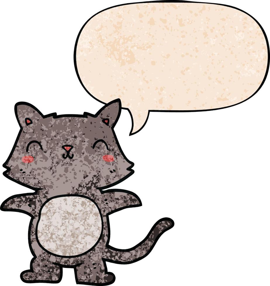 chat de dessin animé et bulle de dialogue dans un style de texture rétro vecteur