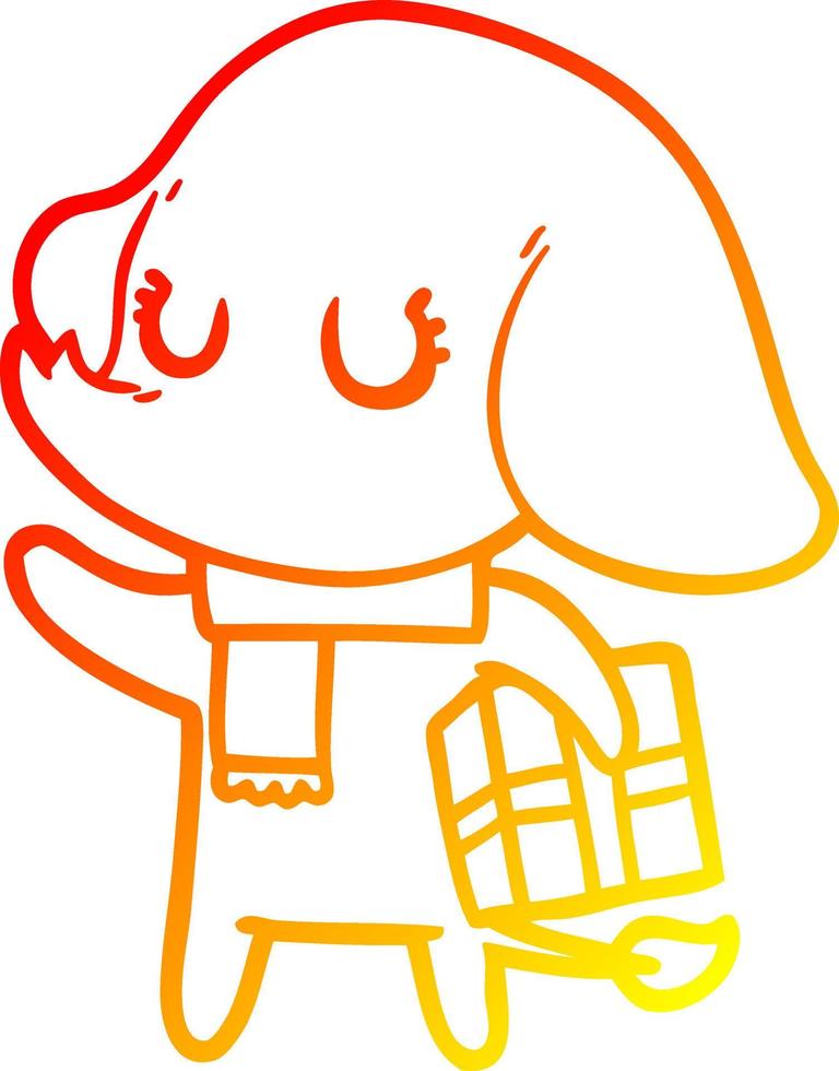 ligne de gradient chaud dessinant un éléphant de dessin animé mignon avec un cadeau vecteur