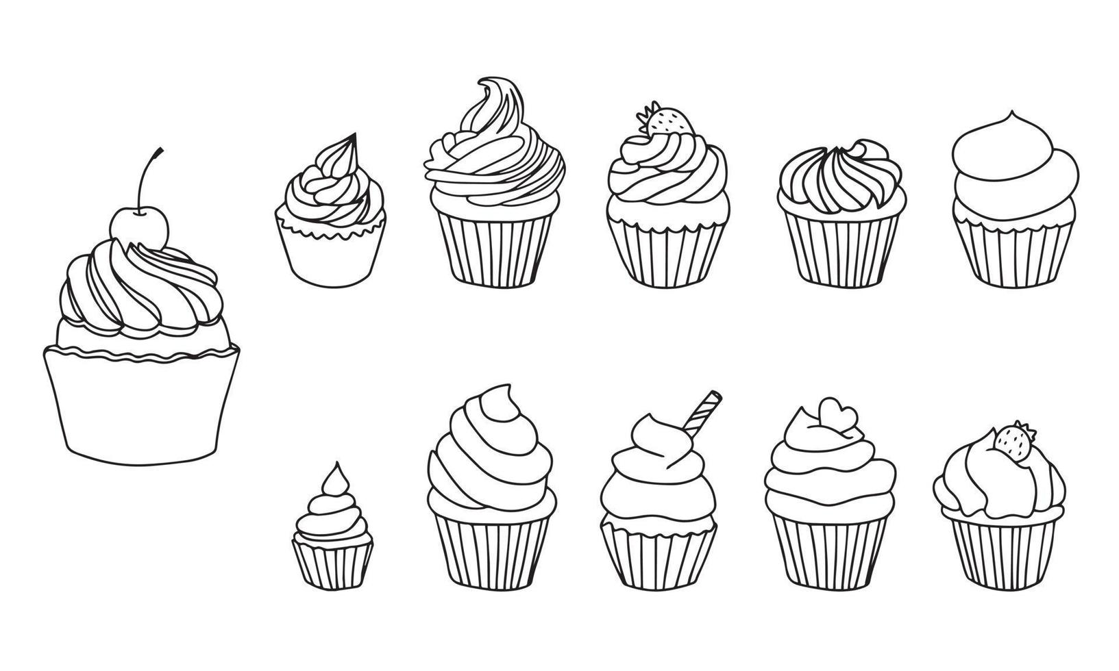 ensemble de petits gâteaux. illustration dessinée à la main en noir et blanc de cupcakes décorés de crème, beignet, cerise et coeurs. isolé sur fond blanc. vecteur