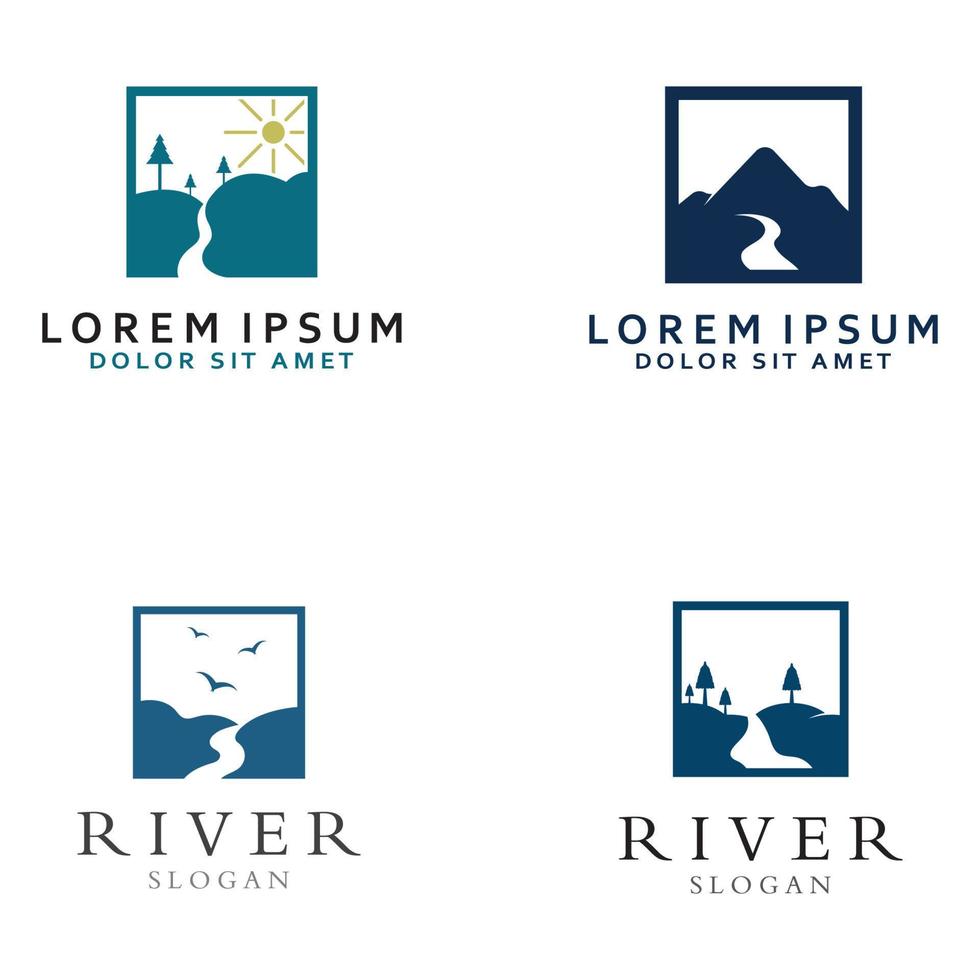 logos de rivières, ruisseaux, berges et ruisseaux. logo de rivière avec combinaison de montagnes et de terres agricoles avec modèle d'illustration vectorielle de conception de concept. vecteur