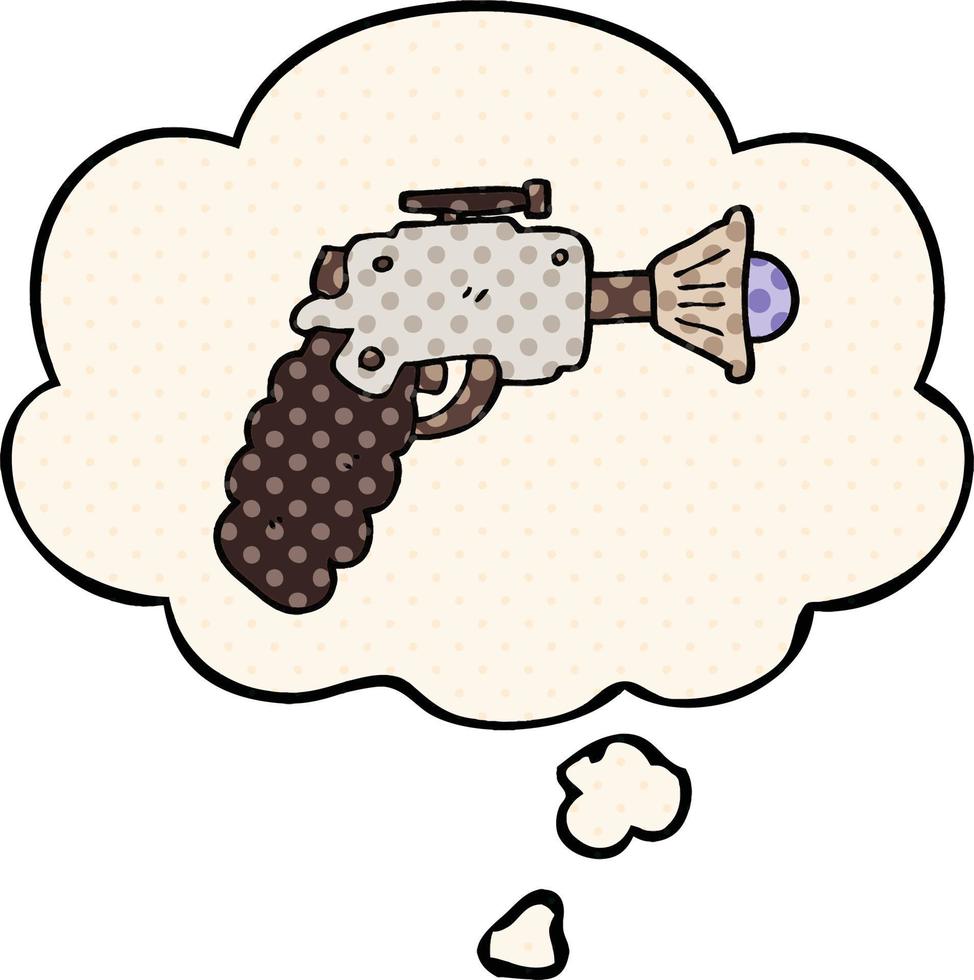 pistolet à rayons de dessin animé et bulle de pensée dans le style de la bande dessinée vecteur