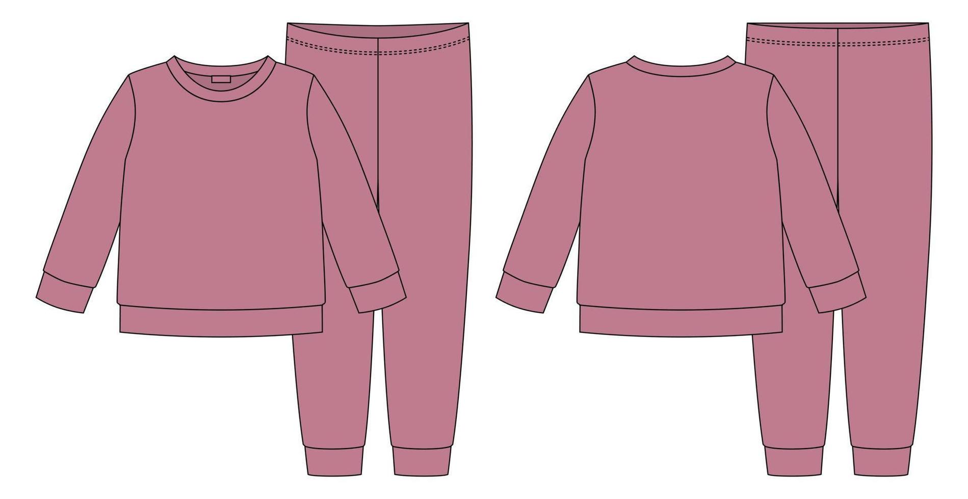 croquis technique de pyjamas de vêtements. couleur pudra rose. sweat-shirt et pantalon en coton pour enfants. vecteur