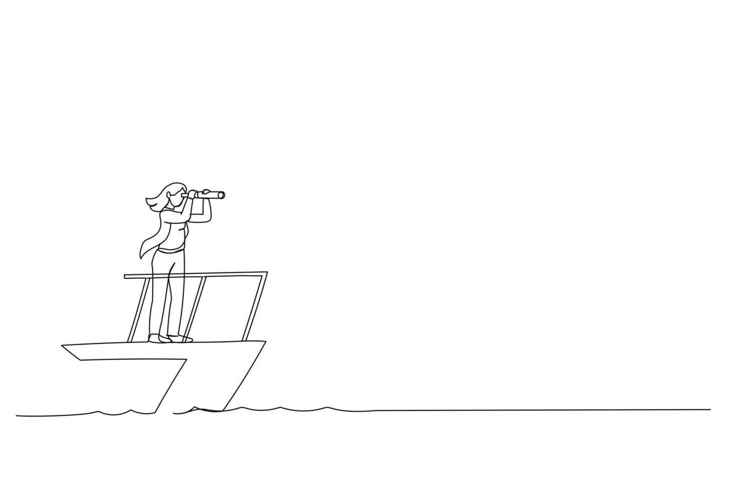 dessin animé d'une femme d'affaires intelligente capitaine de bateau contrôle barre de volant avec vision de télescope. leadership d'entreprise et visionnaire pour diriger le succès de l'entreprise. style d'art en ligne continue vecteur